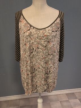Cato Paisley Floral High-low Hem Knot Detail Striped Sleeves Scoopneck Boho Top